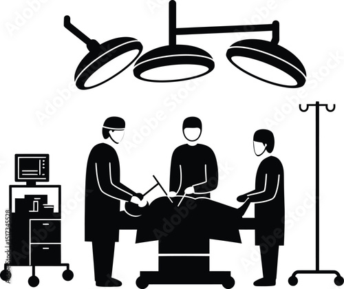 Surgical team performing a medical procedure in an operating room silhouette illustration