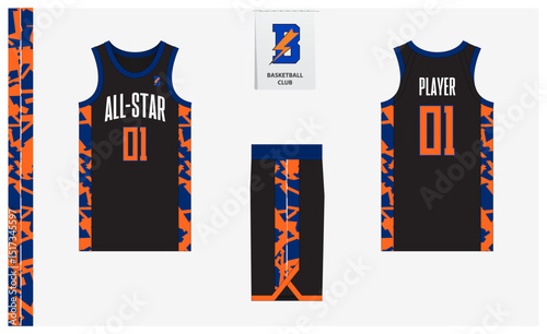 Basketball uniform mockup template design for basketball club. Basketball jersey, basketball shorts in front and back view. Basketball logo design.