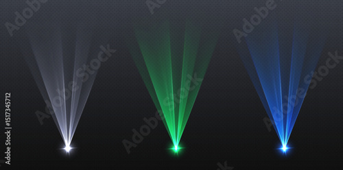 Colorful laser beams, stage decoration, party led effect, neon club spotlights. Podium design element. Vector illustration.