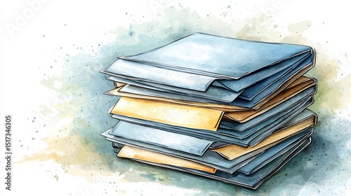 Stack of neatly organized folders and documents with paper files for office workspace study or archival storage in blue and brown colors on watercolor background