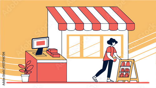 Illustration of a small business owner displaying products outside a shopfront retail space