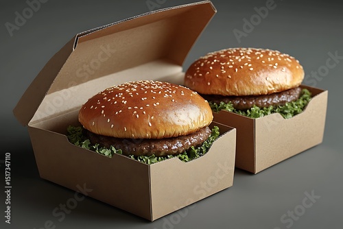Burger mockup in takeout boxes with leafy greens on dark background

