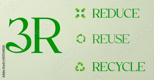 3R environmental awareness poster featuring reduce, reuse, recycle on textured green background
