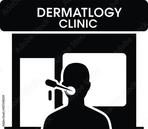 Dermatology clinic sign featuring silhouette patient examination concept for medical dermatology procedures black and white vector illustration