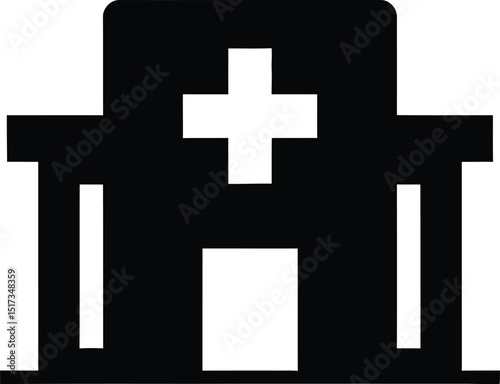 Iconic monochrome illustration of a hospital building with a prominent cross on the facade suggesting healthcare and medical services in a minimalist style.