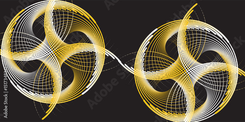 Abstract golden smooth curve line in ribbon shape on black background. Design space in the center of circle for text.