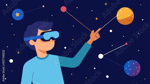 Astronomy Lesson A student pointing at the night sky through AR glasses seeing constellations and celestial bodies labeled above the actual sky.