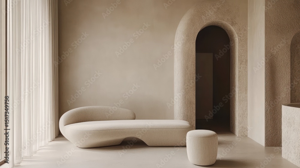 Fototapeta premium Beige interior with modern curved chaise lounge.
