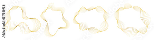 Abstract wavy frames set, golden flowing borders isolated on white. Vector illustration.
