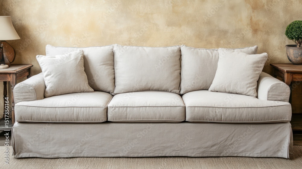 Fototapeta premium Elegant light beige sectional sofa in a living room setting.