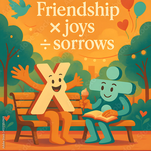 An mockup for the friend's day day, a wooded square, where multiplication (×) and division (÷) icons come to life as anthropomorphic characters, celebrating friendship.