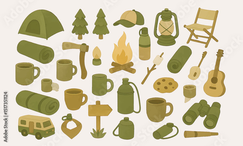 This vector showcases camping gear like a tent, campfire, lantern, guitar, chairs, mugs, canteens, sleeping bag, axe, binoculars, van, trees, and signpost. Ideal for outdoor, nature, camping design