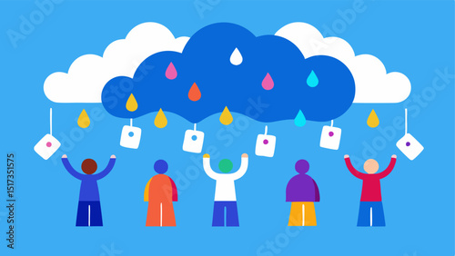 Colorful Discount Raindrops A vibrant blue cloud releases colorful raindrops shaped like various discount tags while a group of enthusiastic shoppers reaches out to catch them.