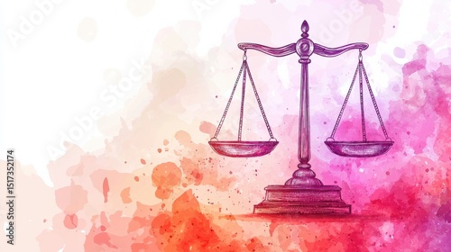 Artistic watercolor painting of a balanced ancient scale symbolizing justice and fairness with soft pink and peach watercolor background for legal or ethical themes