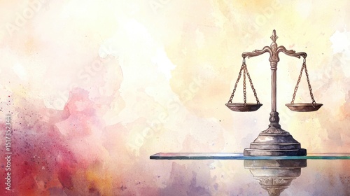 Balancing Scales of Justice with Vintage Design on Vibrant Watercolor Background, Symbolizing Fairness and Equality in Law and Legal Systems
