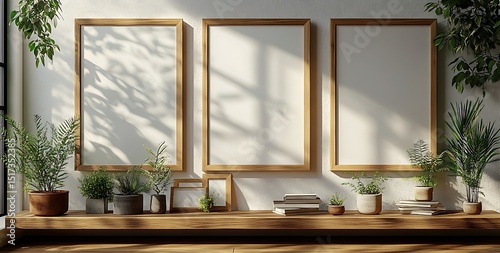 Picture frame mockup with wooden frames and potted plants

 photo