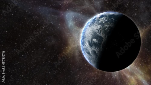 Epic cinematic motion graphic of Earth’s sunrise from orbit, showcasing a glowing blue atmosphere, dramatic lighting, twinkling stars, and vibrant colorful nebula clouds in the vast deep cosmos