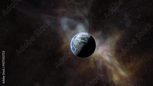 Epic cinematic motion graphic of Earth’s sunrise from orbit, showcasing a glowing blue atmosphere, dramatic lighting, twinkling stars, and vibrant colorful nebula clouds in the vast deep cosmos