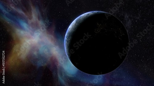 Epic cinematic motion graphic of Earth’s sunrise from orbit, showcasing a glowing blue atmosphere, dramatic lighting, twinkling stars, and vibrant colorful nebula clouds in the vast deep cosmos