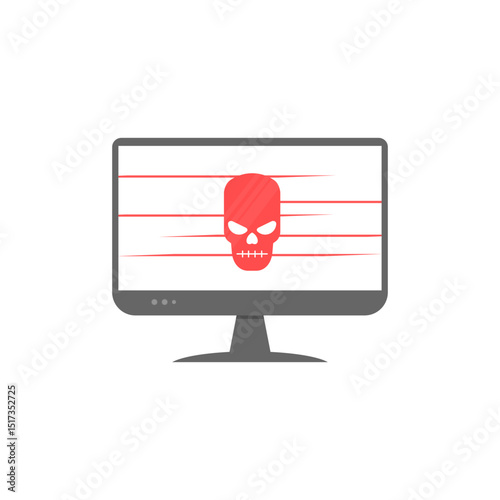computer monitor showing red skull. hacking. computer virus. malware. data theft. cyber crime. vector illustration