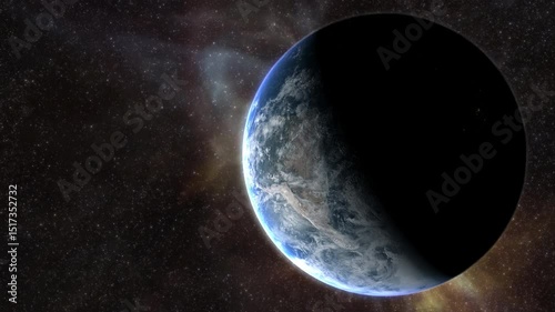 Epic cinematic motion graphic of Earth’s sunrise from orbit, showcasing a glowing blue atmosphere, dramatic lighting, twinkling stars, and vibrant colorful nebula clouds in the vast deep cosmos