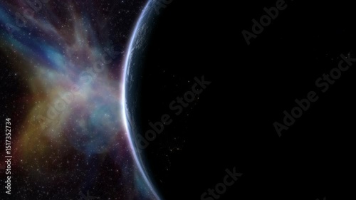 Epic cinematic motion graphic of Earth’s sunrise from orbit, showcasing a glowing blue atmosphere, dramatic lighting, twinkling stars, and vibrant colorful nebula clouds in the vast deep cosmos
