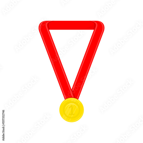 gold medal with red ribbon. first place medal. winner. festival theme, championship, tournament. vector illustration