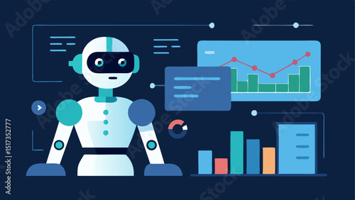 Artificial Intelligence Lab A lab setting where an AI robot is interacting with a holographic display showing market trends consumer preferences and competitor analysis.