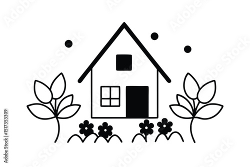 Dreamy ghar surrounded by flowers vector art illustration