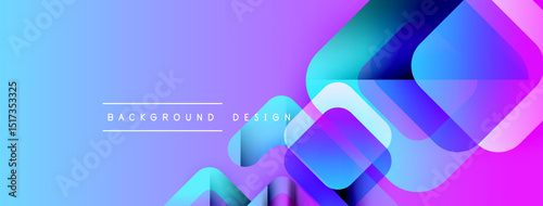 Abstract background features overlapping squares, gradients. Colors shift from blue to purple, creating modern visual effect. Text reads background design.