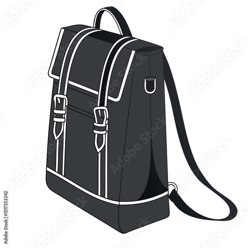 Stylish black school backpack illustration featuring modern design and white outline detailing