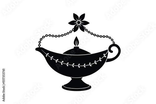 Glowing earthen lamp with jasmine garland border vector art illustration