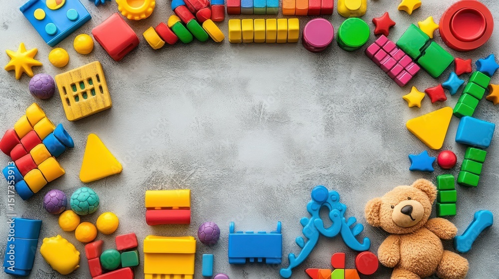 Obraz premium Colorful Kids Toys Frame on Grey Textured Background