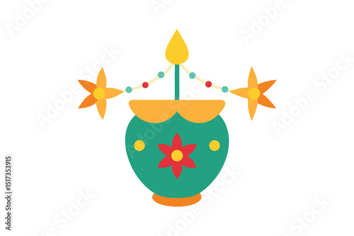Illuminated clay lamp with artistic flower garland vector art illustration
