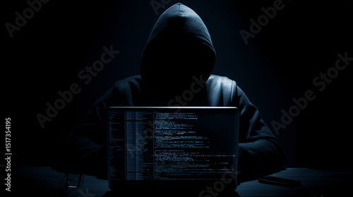 Hacker in a dark room programming malicious code on a computer screen with lines of data. 
 photo