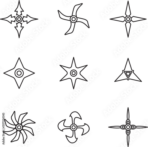 Vector set of various shuriken (ninja stars) in different blade designs. Black line art on white background, suitable for icons, logos, or illustrations.