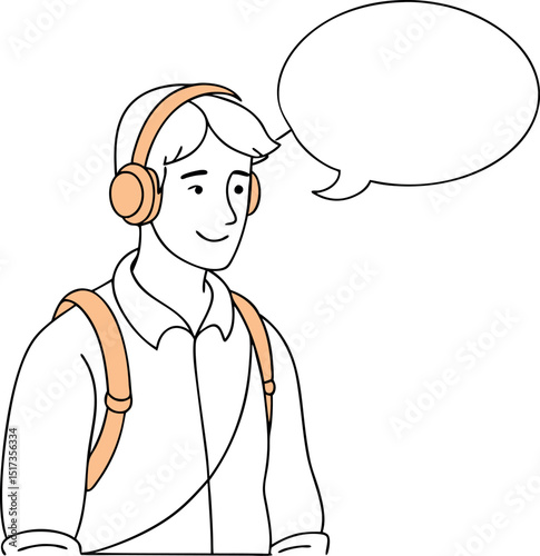 Line Drawing of High School Student Listening Carefully with Headphones