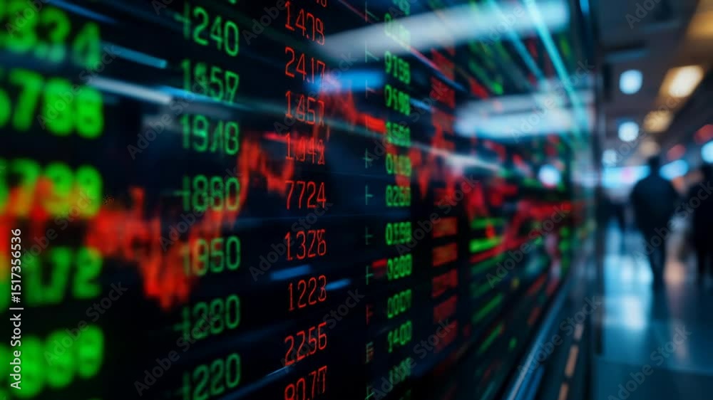 Dynamic Stock Market Display with Red and Green Numbers Reflecting Financial Data