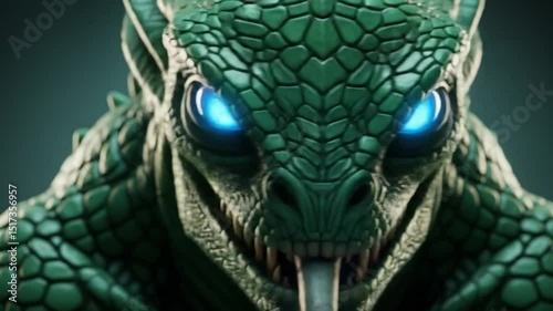 Close-Up of a Fearsome Green Reptilian Creature with Glowing Eyes