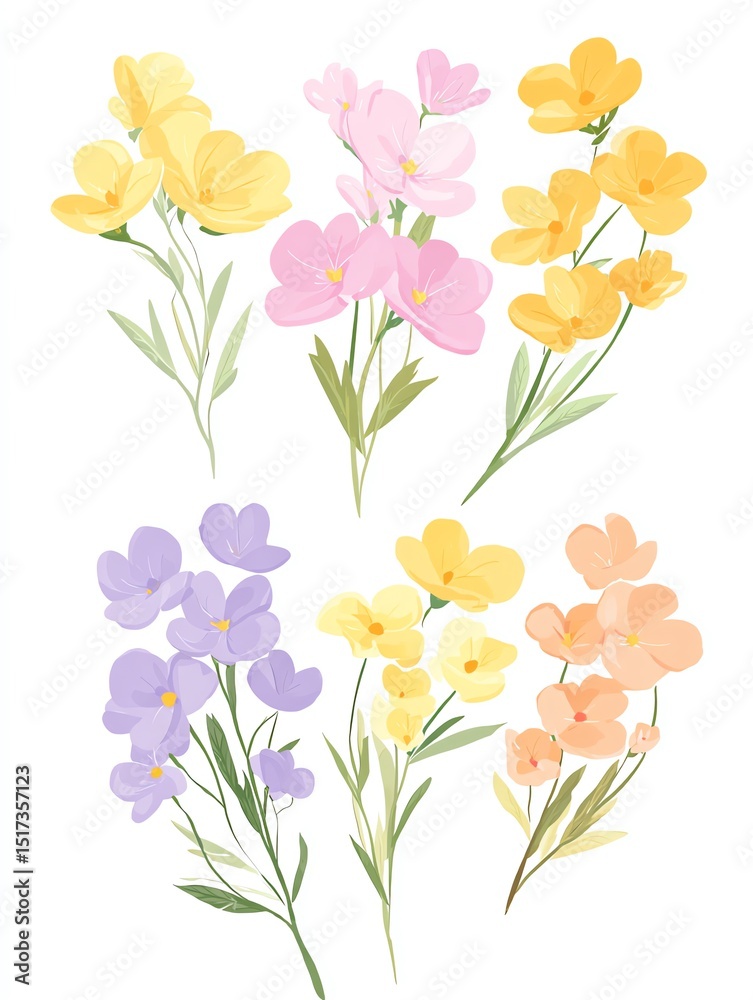 Obraz premium Pastel-colored flower bouquets in a charming arrangement, showcasing delicate blossoms and lush greenery against a white background.