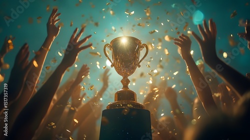 Celebration of victory with a golden trophy.
