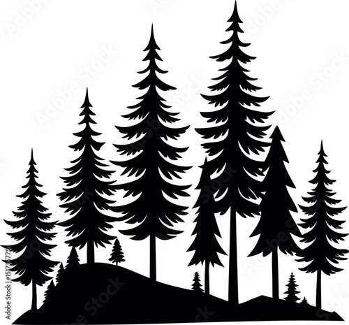 Pine Leaf Tree Silhouette Line Art Vector Illustration