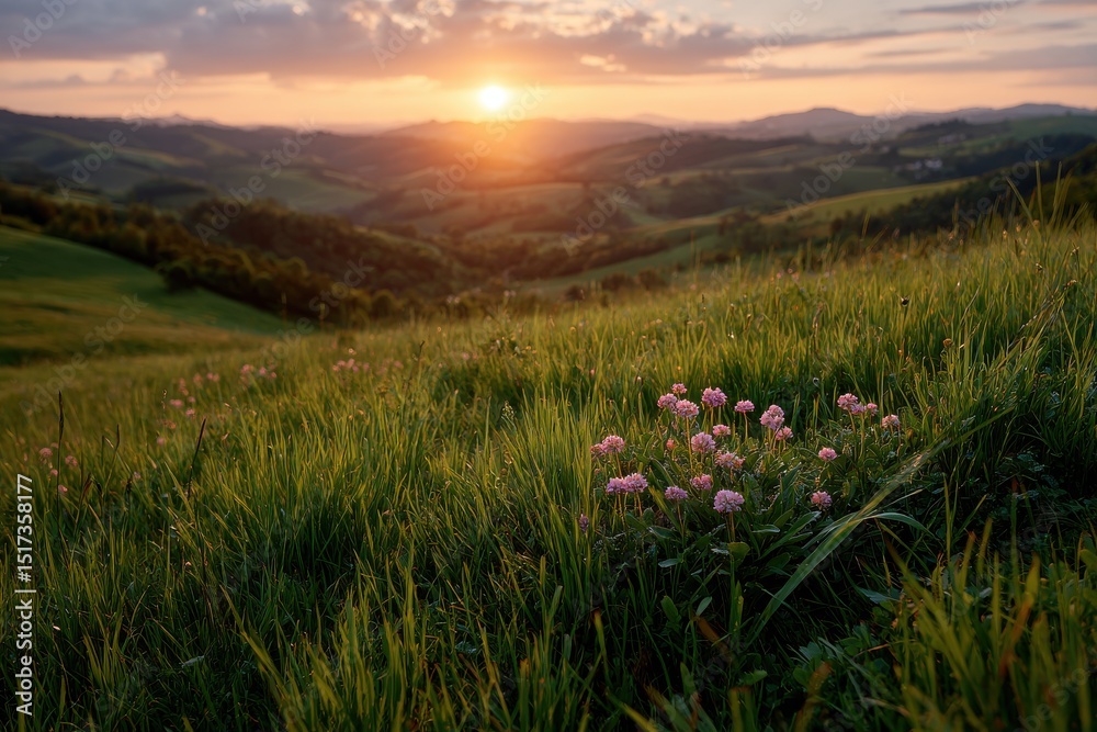 Fototapeta premium Beautiful landscape field flowers sunset scenic countryside view