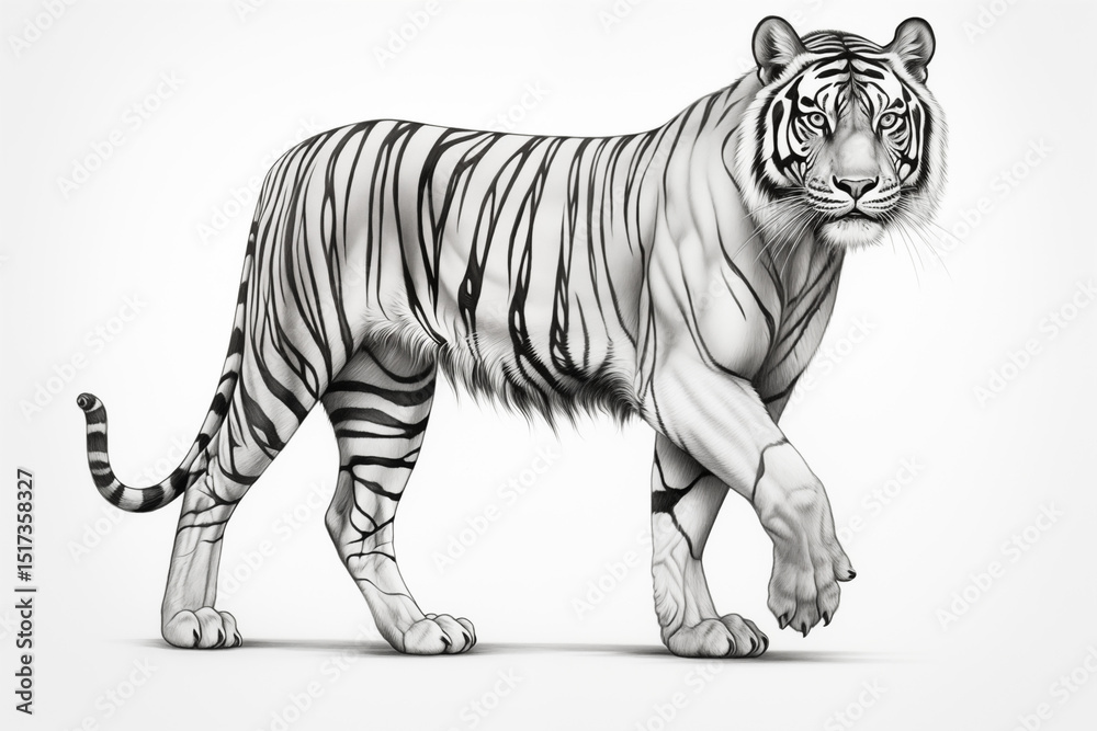 Naklejka premium Beautiful line art illustration of a whole white tiger on a white background in black and white style.