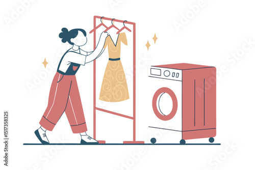 Woman hanging dress near a washing machine in a simple minimalist illustration