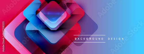 Abstract geometric shapes, vibrant colors blend. Gradient transitions create dynamic visual effect. Modern design elements present sleek composition.