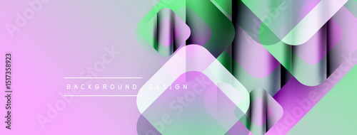 Abstract geometric shapes overlap, creating vibrant gradients. Purple, green hues dominate design, suggesting modern aesthetic.