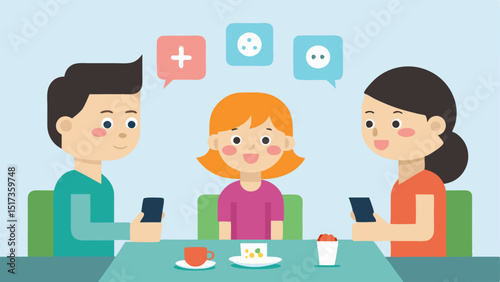 Cartoon Family A cartoon family gathered around a dining table with each member holding a smartphone. They are discussing great deals with SALE stickers hovering above their heads.