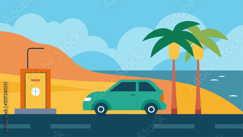 Coastal Charging Station An electric car parked at a scenic charging station along a coastal road overlooking the ocean with palm trees swaying in the breeze.