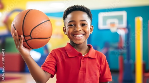 Young boy holding a basketball smiles.